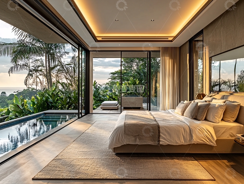 高清大图下载【趣麦麦图】极简风格卧室海景泳池