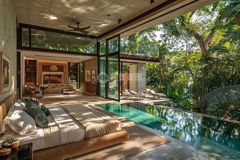 高清大图下载【趣麦麦图】现代风格别墅卧室泳池