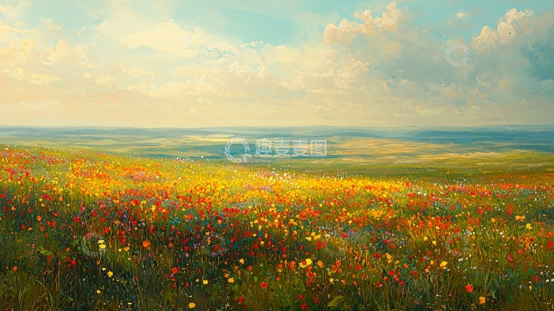 高清大图下载【趣麦麦图】田野花朵的油画风景