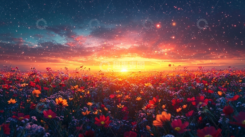 高清大图下载【趣麦麦图】星空花海日落