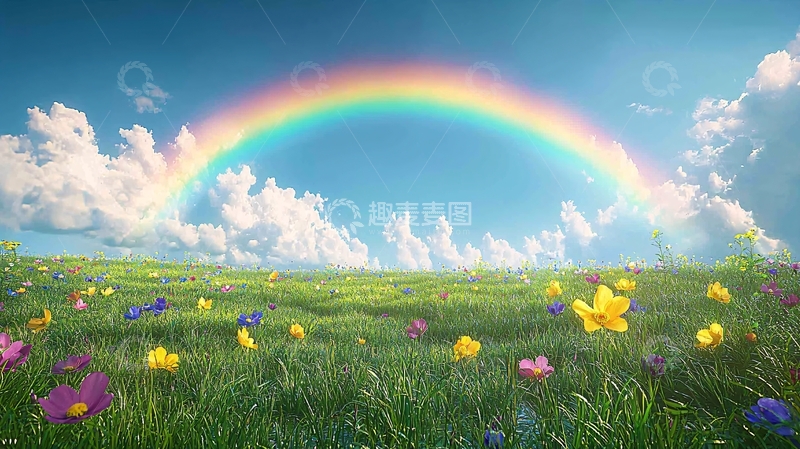 高清大图下载【趣麦麦图】彩虹田野鲜花蓝天白云