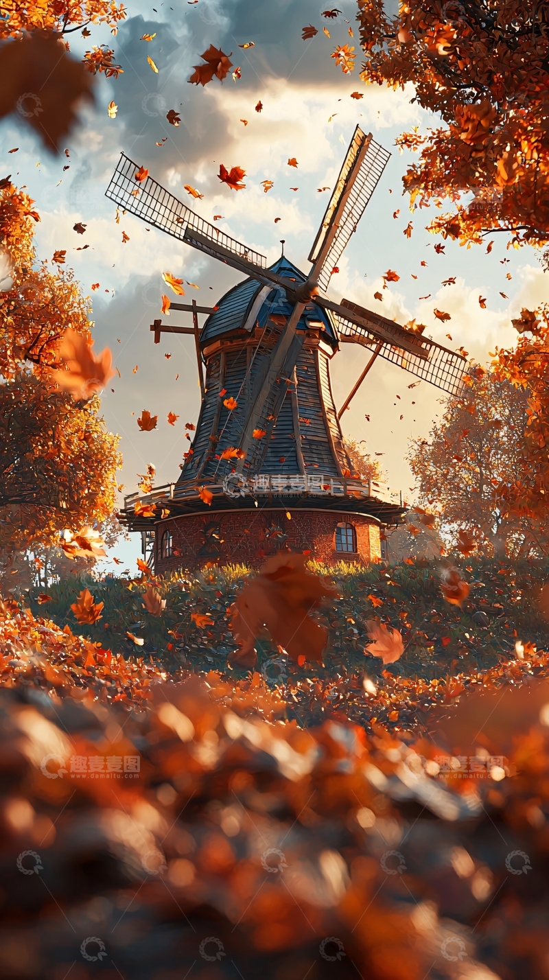 高清大图下载【趣麦麦图】秋叶飞舞的古老风车