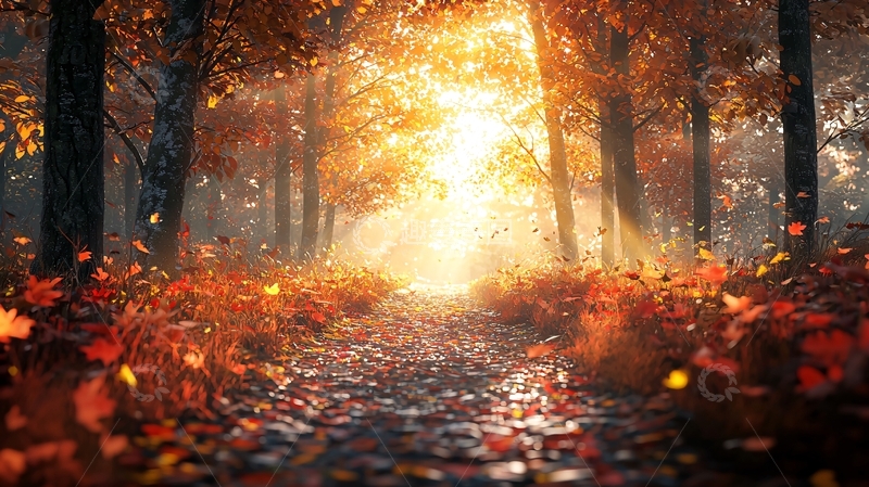 高清大图下载【趣麦麦图】秋日森林小路阳光洒满落叶