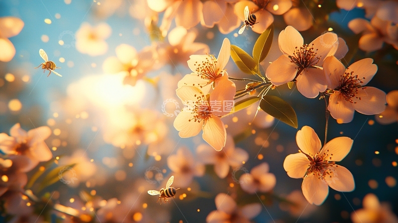 高清大图下载【趣麦麦图】阳光下的粉嫩桃花和蜜蜂