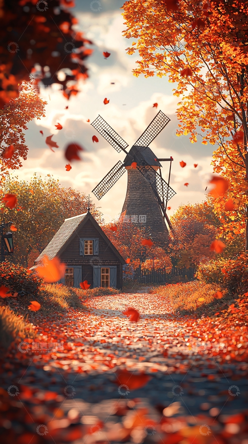 高清大图下载【趣麦麦图】秋日风车小屋落叶小路