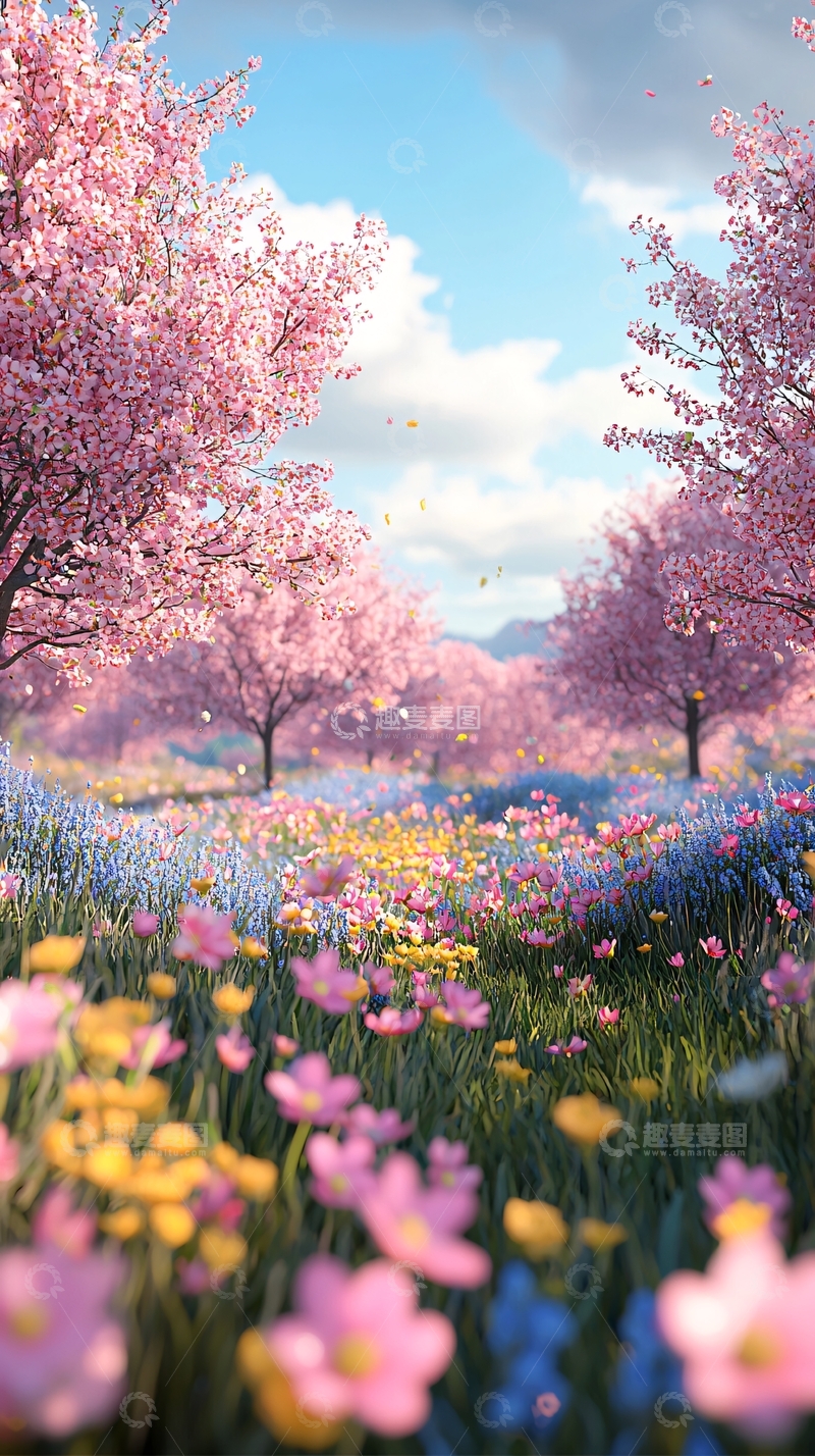 高清大图下载【趣麦麦图】粉红樱花树下花海