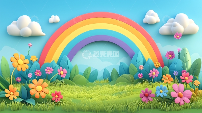 高清大图下载【趣麦麦图】卡通彩虹花田背景图