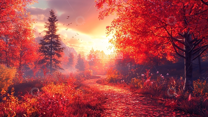 高清大图下载【趣麦麦图】红枫叶小路日落景色