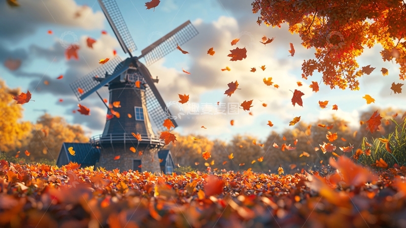 高清大图下载【趣麦麦图】秋日风车落叶美景