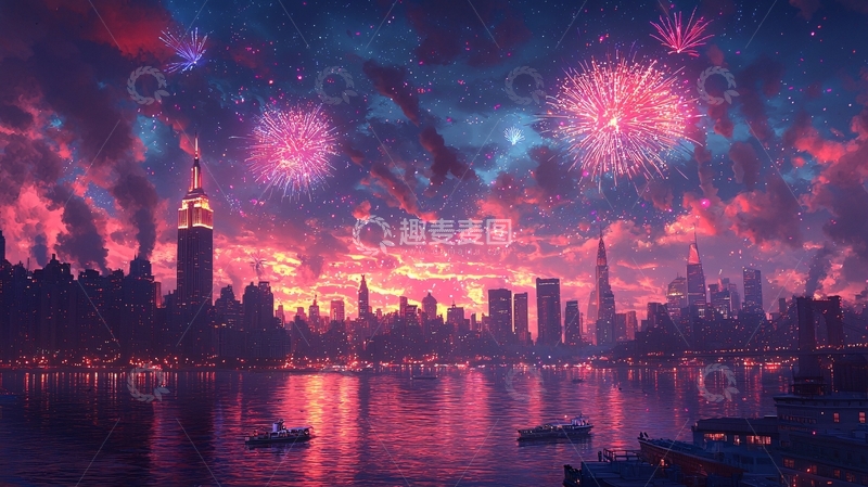 高清大图下载【趣麦麦图】纽约夜景烟花