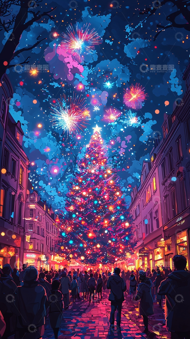 高清大图下载【趣麦麦图】绚丽烟火下的圣诞树