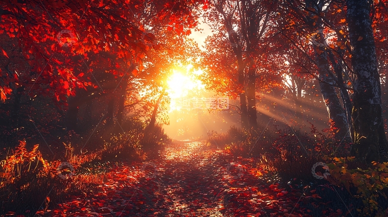 高清大图下载【趣麦麦图】红叶森林日出