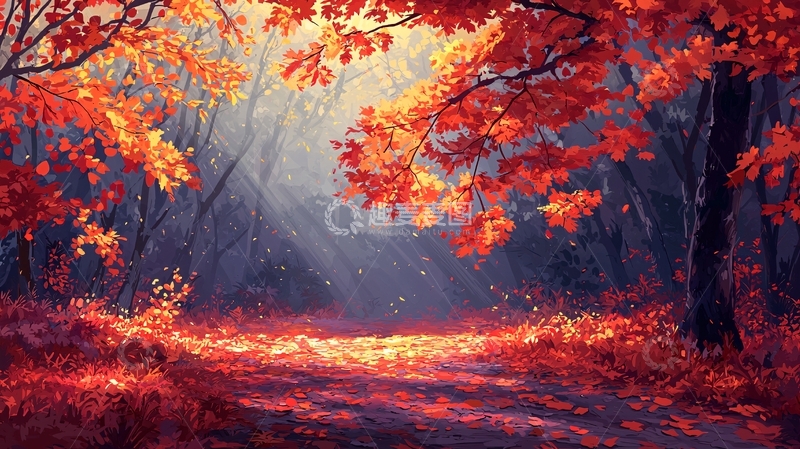 高清大图下载【趣麦麦图】秋日红叶森林小路