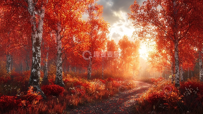 高清大图下载【趣麦麦图】红叶森林小路日出