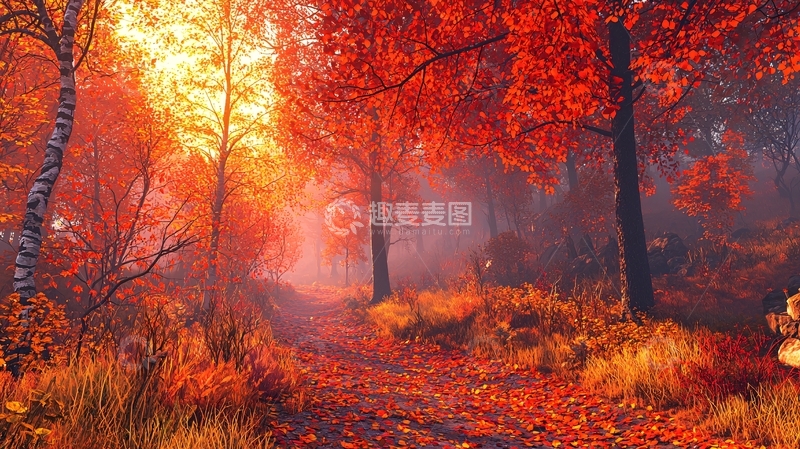 高清大图下载【趣麦麦图】秋日红叶森林小路