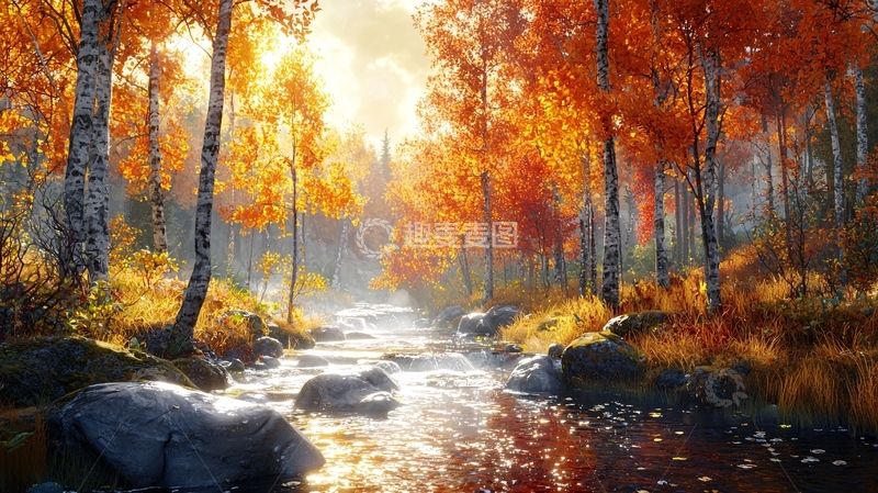高清大图下载【趣麦麦图】秋日森林溪流阳光