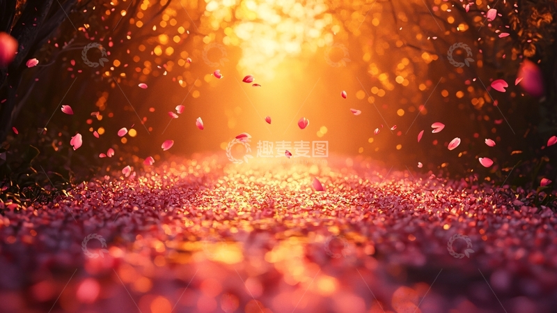 高清大图下载【趣麦麦图】夕阳森林小路落英缤纷