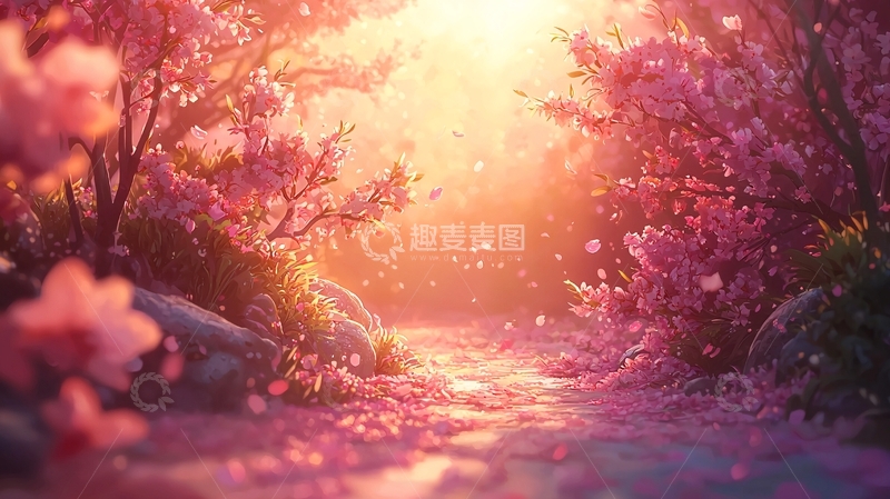 高清大图下载【趣麦麦图】粉红樱花树林小路落日