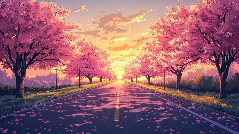 高清大图下载【趣麦麦图】粉红樱花树下的公路落日