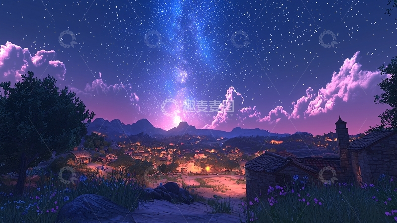高清大图下载【趣麦麦图】星空下的山村小镇