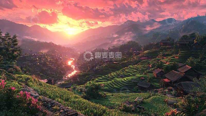 高清大图下载【趣麦麦图】日落山谷梯田村庄