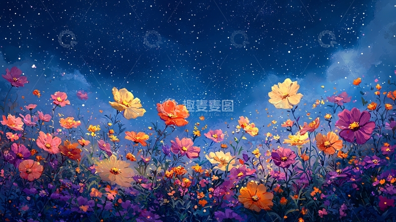 高清大图下载【趣麦麦图】星空下的波斯菊花田