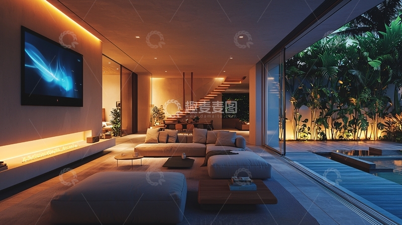 高清大图下载【趣麦麦图】现代简约别墅客厅夜景