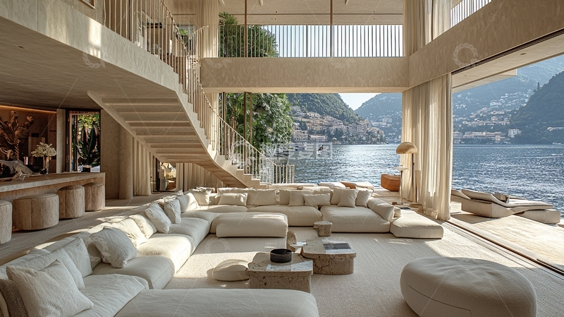 高清大图下载【趣麦麦图】极简现代湖景别墅客厅