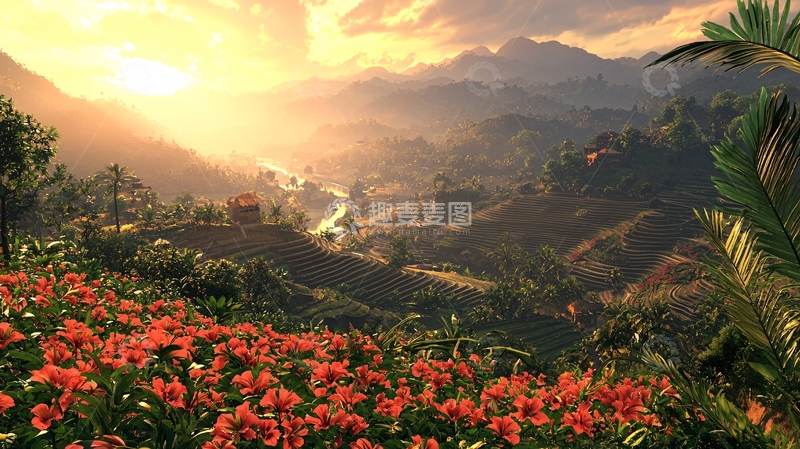 高清大图下载【趣麦麦图】日出山谷花海