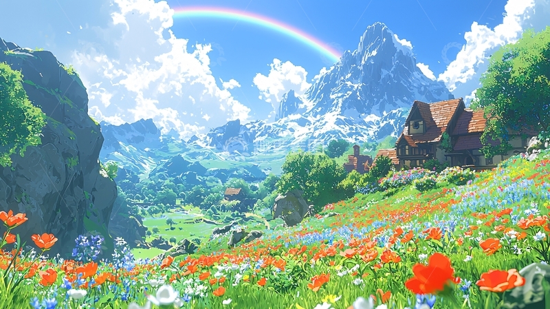 高清大图下载【趣麦麦图】彩虹山谷中的梦幻小屋