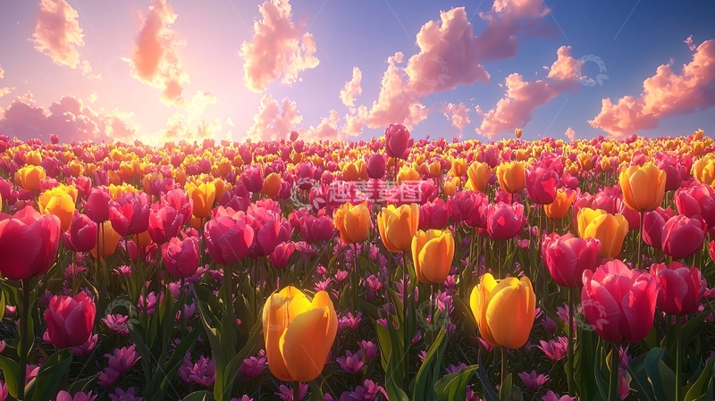 高清大图下载【趣麦麦图】日出下的郁金香花田