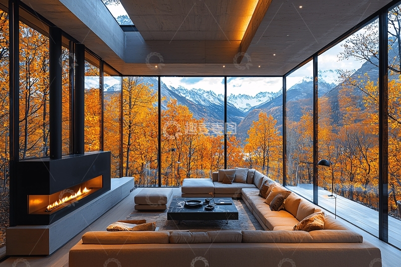 高清大图下载【趣麦麦图】极简风落地窗山景别墅客厅