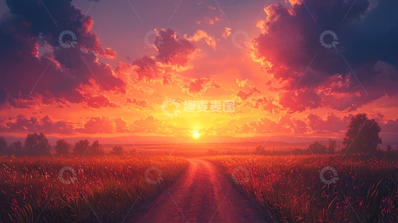 高清大图下载【趣麦麦图】燃烧的日落田野小路