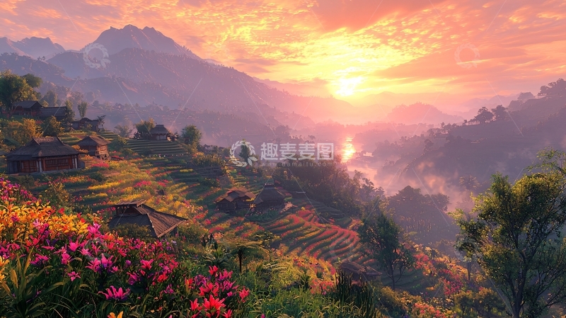 高清大图下载【趣麦麦图】日出山谷村庄景色