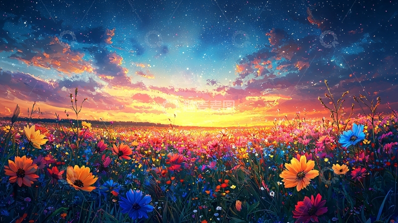 高清大图下载【趣麦麦图】梦幻星空下的花海