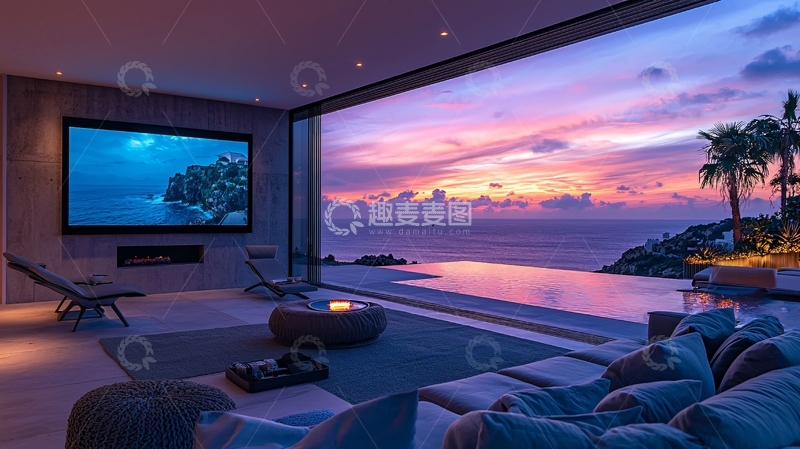 高清大图下载【趣麦麦图】海景别墅客厅家庭影院