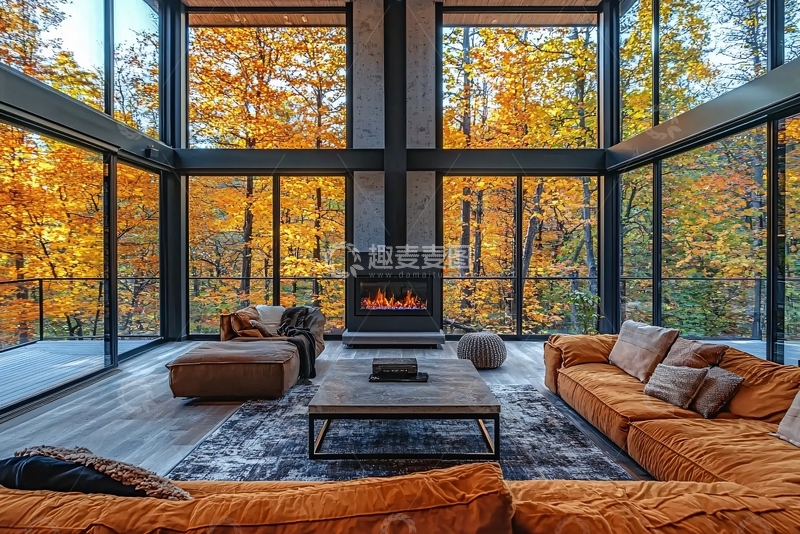 高清大图下载【趣麦麦图】落地窗外秋色客厅