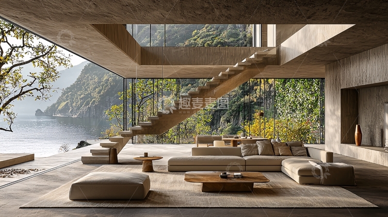 高清大图下载【趣麦麦图】极简现代湖景别墅客厅