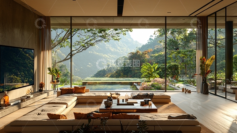 高清大图下载【趣麦麦图】极简现代山景别墅客厅