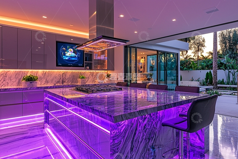 高清大图下载【趣麦麦图】现代化紫色灯光厨房