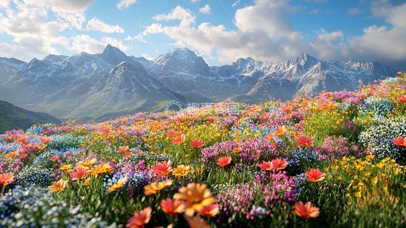 高清大图下载【趣麦麦图】山顶鲜花盛开的雪山景色