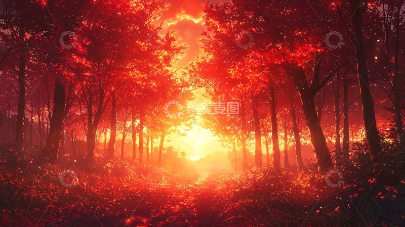 高清大图下载【趣麦麦图】红叶森林日出