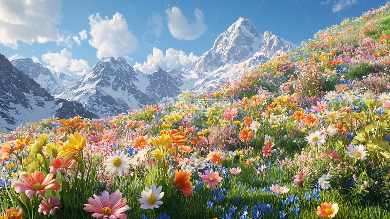 高清大图下载【趣麦麦图】雪山花海