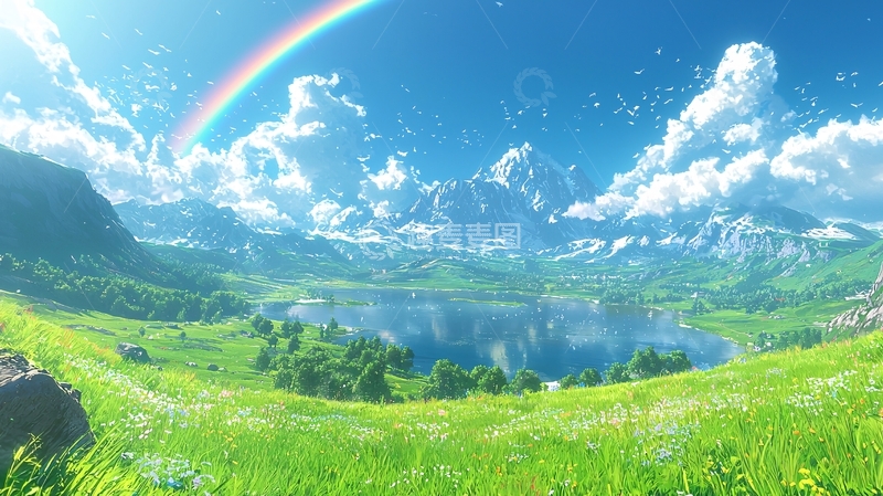 高清大图下载【趣麦麦图】彩虹下的绿色山谷