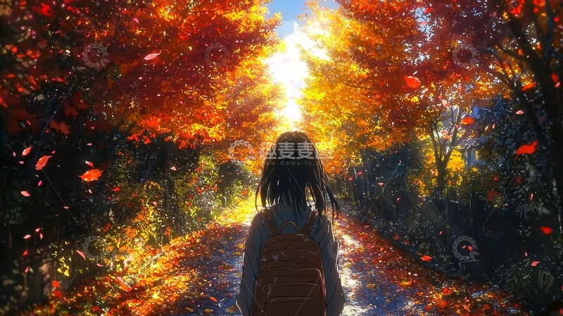 高清大图下载【趣麦麦图】秋日落叶小路女孩背影