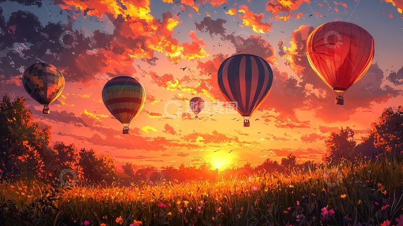 高清大图下载【趣麦麦图】夕阳下热气球飞过田野