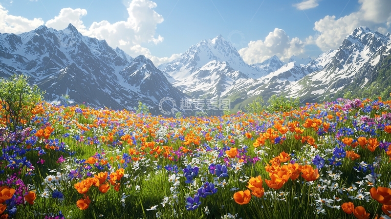 高清大图下载【趣麦麦图】雪山花海