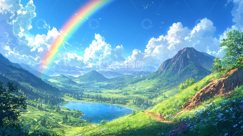 高清大图下载【趣麦麦图】彩虹山峦田园风光