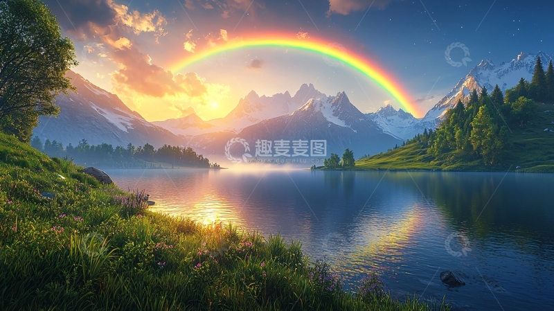 高清大图下载【趣麦麦图】彩虹山脉湖泊日出