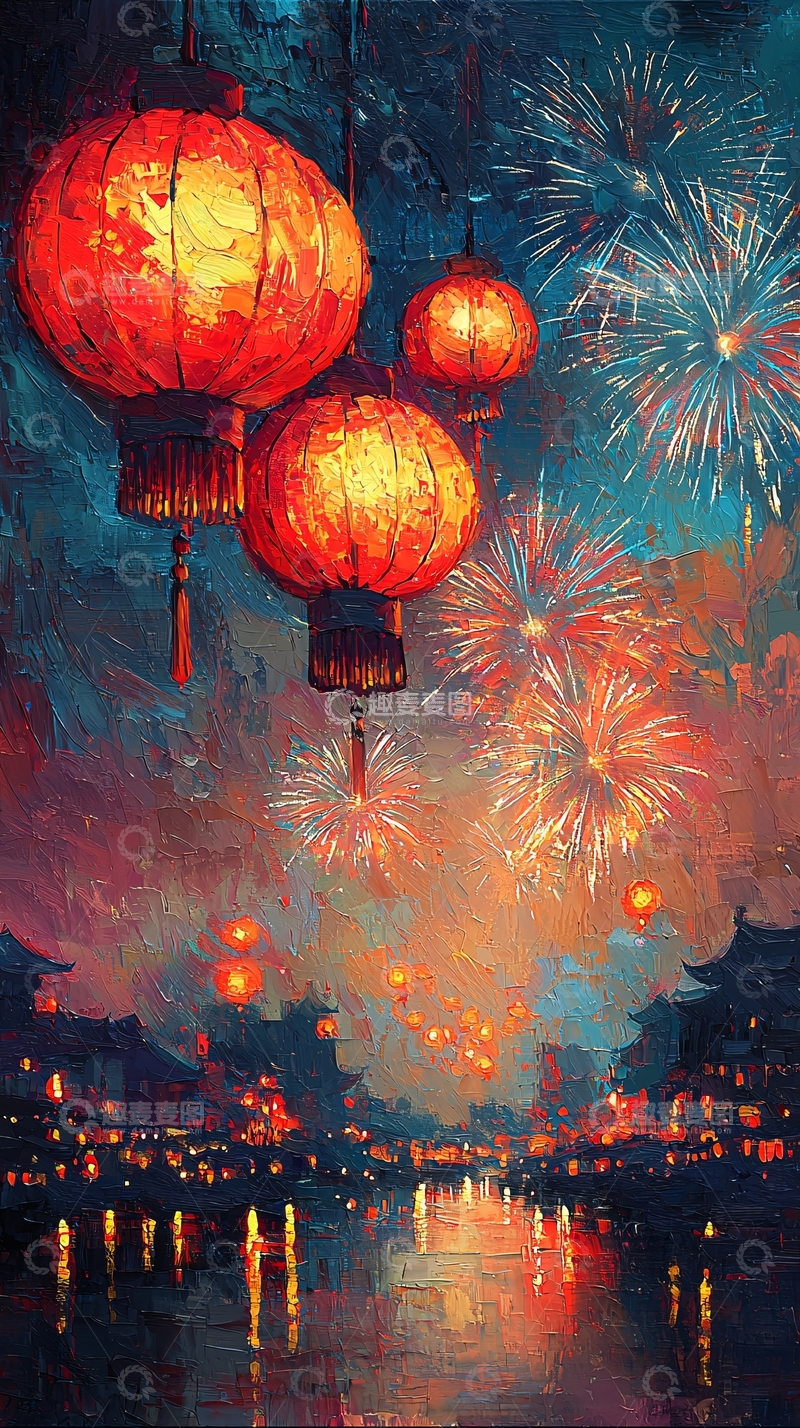 高清大图下载【趣麦麦图】烟花下的红灯笼
